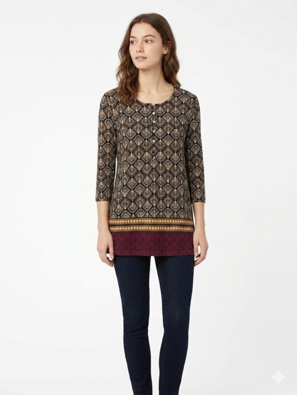 NWT J. Jill Printed Longline Tunic Top in Black, Gold and Burgundy Size MP